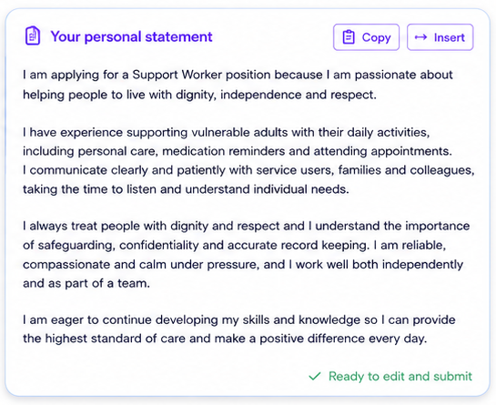 A generated personal statement for a Support Worker application inside OyilaPrompt AI, with Copy and Insert buttons and a 'Ready to edit and submit' note.